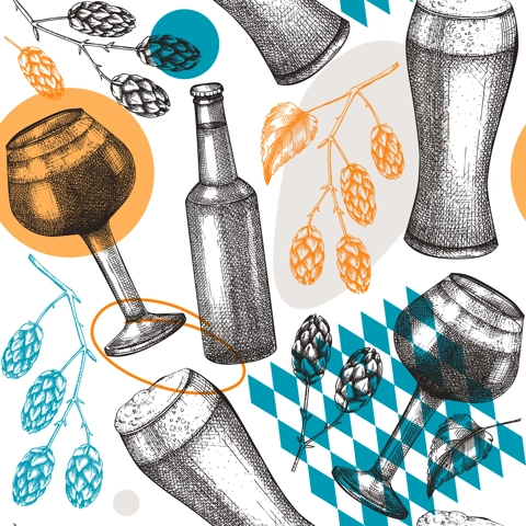 Trendy beer background in collage style. Vector seamless pattern with hop, beer glasses and bottle for pub, bar. Modern graphics backdrop for bar or restaurant menu design, packaging, textile.